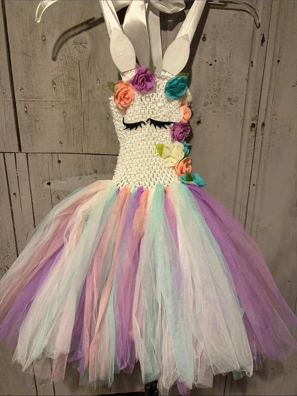 Unbranded White Unicorn Tutu Dress with Pastel Floral Accents